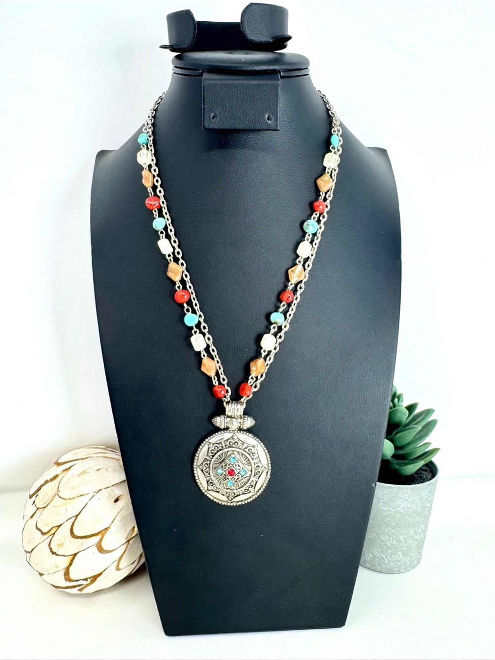 Vintage Tibetan Style Medallion Necklace Boho Multilayer Coral & Turquoise Beads